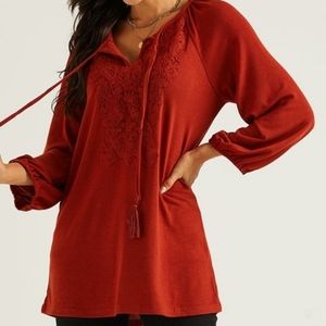 Suzanne Betro Rust Tie-Neck Lace-Front Tunic - Women